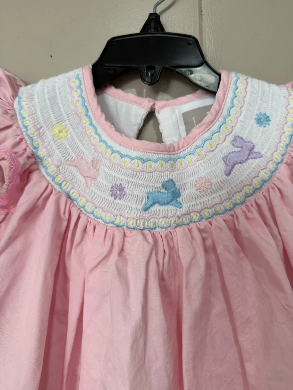 Pink Smocked Flutter Sleeve Dress with Pastel Bunny Embroidery - Picture 3 of 6